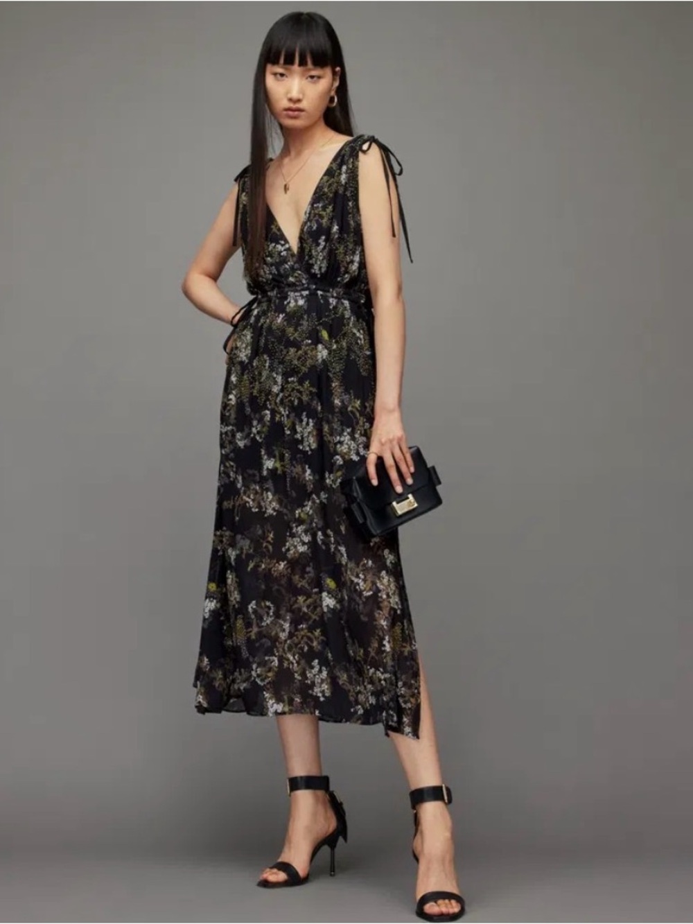 NWT All Saints Floral Black V-Neck Tie-Shoulder Midi Dress